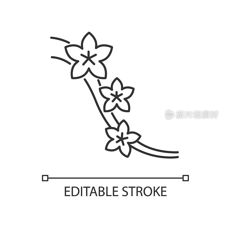 Sakura pixel perfect linear icon. Blossom on tree branch. Japanese hanami. Flourish on twig. Thin line customizable illustration. Contour symbol. Vector isolated outline drawing. Editable stroke